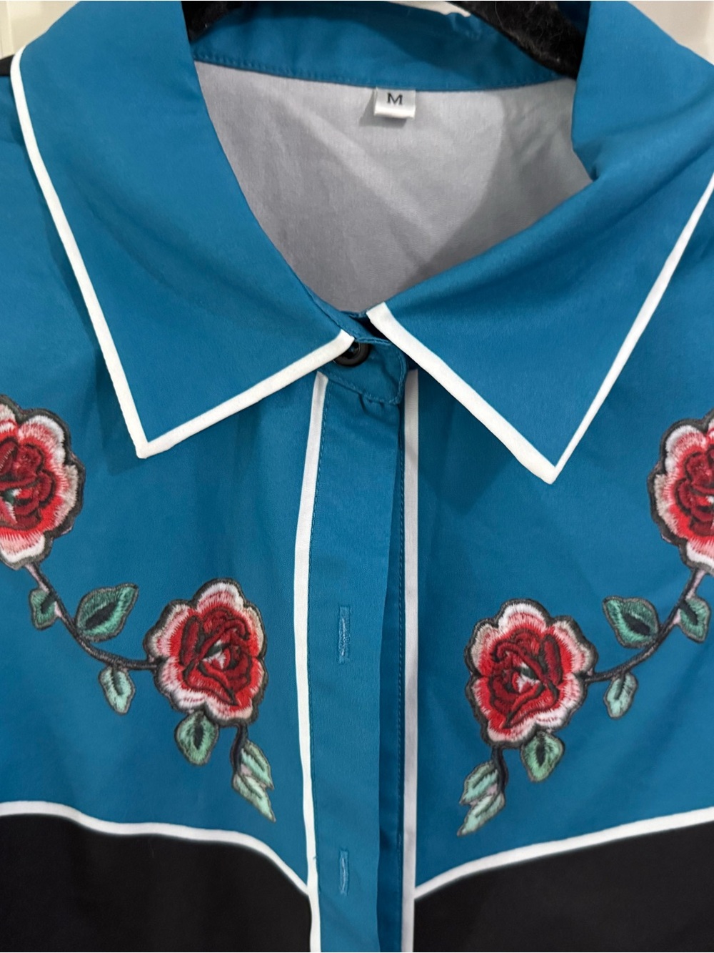 Western Rose-Accent Teal Button-Up Top